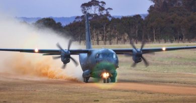 A Royal Australian Air Force C-27J Spartan transport aircraft from No 35 Squadron takes off from Walcha Airport during a training mission. Photo by Corporal Oliver Carter.