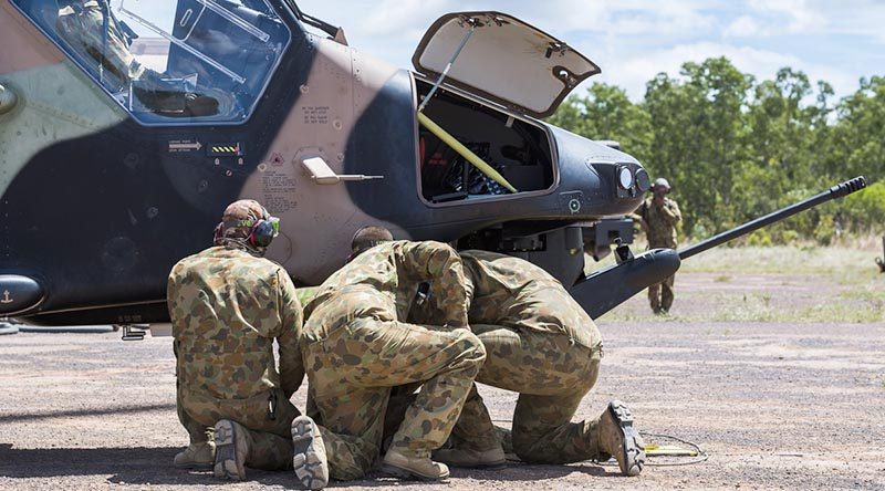 FILE PHOTO: An Australian Army Tiger helicopter at a forward arming and refuelling point (FARP) during Exercise Predators Talon & Griffin Guns, Mount Bundy Training Area (April 2017).