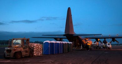 Preparations of the C-130 Hercules heading to Vanuatu to deliever aid supplies. NZDF photo.