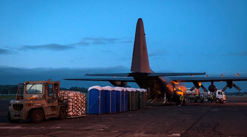 Preparations of the C-130 Hercules heading to Vanuatu to deliever aid supplies. NZDF photo.