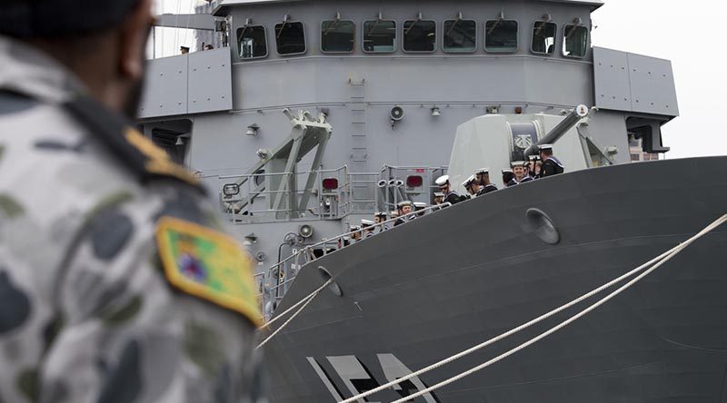 HMAS Warramunga is farewelled from Fleet Base East, Sydney, for maritime security activities in the Middle East region as part of Operation Manitou. Photo by Able Seaman Christopher Szumlanski.