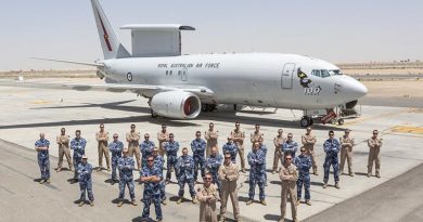 RAAF personnel from the Air Task Group Task Element 630.1.2, Rotation 11, stand before an E-7A Wedgetail – the aircraft most heavily responsible for delivering Australia's contribution to the fight against ISIS in Syria. Photo by Corporal David Cotton.