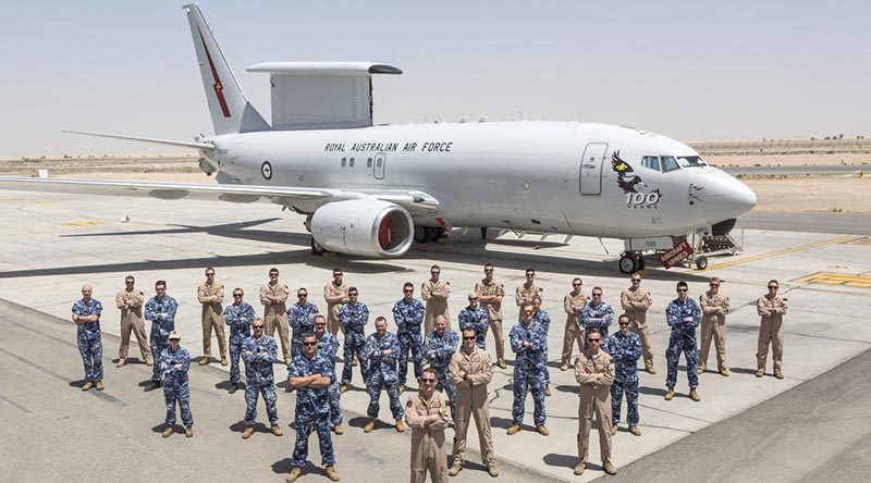 RAAF personnel from the Air Task Group Task Element 630.1.2, Rotation 11, stand before an E-7A Wedgetail – the aircraft most heavily responsible for delivering Australia's contribution to the fight against ISIS in Syria. Photo by Corporal David Cotton.