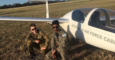 LCDT Oakly Andary and LCDT Aditya Suvarna of 609 Squadron with a DG-1000S glider during a gliding camp at Balaklava, SA run by No 600 Aviation Training Squadron. Photo supplied by No 609 Squadron AAFC.