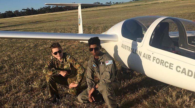 LCDT Oakly Andary and LCDT Aditya Suvarna of 609 Squadron with a DG-1000S glider during a gliding camp at Balaklava, SA run by No 600 Aviation Training Squadron. Photo supplied by No 609 Squadron AAFC.
