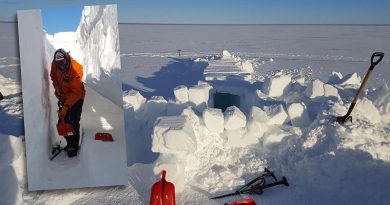 Seven aircrew and two survival training instructors from the Royal New Zealand Air Force dig trenches on the Ross Ice Shelf as part of a survival training course in Antarctica. NZDF photo.