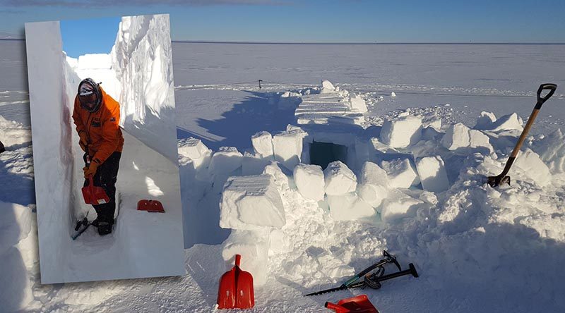 Seven aircrew and two survival training instructors from the Royal New Zealand Air Force dig trenches on the Ross Ice Shelf as part of a survival training course in Antarctica. NZDF photo.