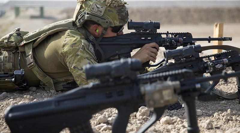 Australian soldier Private Anthony Brown conducts a range shoot with the EF-88 Austeyr rifle at the Taji Military Complex, Iraq. Photo by Able Seaman Chris Beerens.