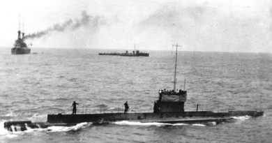 Last known image of AE1, 9 September 1914 – five days before she was lost – with HMAS Ships Australia and Yarra in the background.