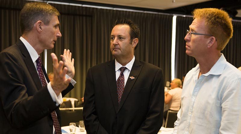 Chief of Army Lieutenant General Angus Campbell speaks with Warrant Office Class 2 Simon Marshall, Adelaide University Regiment, and Sergeant Andrew Wright, 6th Aviation Regiment, at the Chief of Army Wounded, Injured and Ill Digger Forum in Canberra. Photo by Corporal Mark Doran.