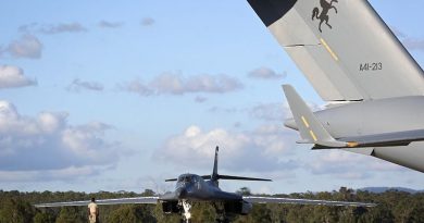 A United States Air Force B-1B Lancer aircraft arrives at RAAF Amberley. Photo by Corporal Ben Dempster.