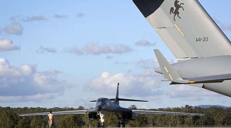 A United States Air Force B-1B Lancer aircraft arrives at RAAF Amberley. Photo by Corporal Ben Dempster.