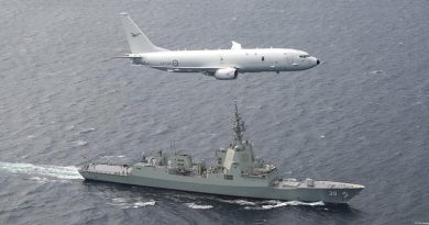 A RAAF P-8A Poseidon supports sea trials for NUSHIP (now HMAS) Hobart in the Gulf St Vincent off the coast of Adelaide. Photo by Corporal Craig Barrett.