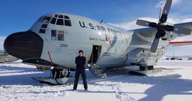 Aircraft Technician Corporal Wade Phelps from the Royal New Zealand Air Force with a US LC-130 'Skibird' at Williams Field in Antarctica. NZDF photo.