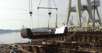 The first keel block for the future HMAS Supply being laid in Spain. Navantia photo.