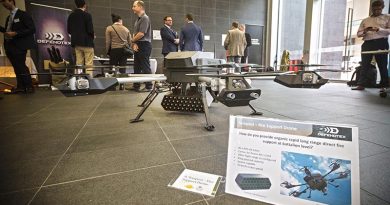 A Tempest Fire Support Drone on display at the Australian Army Innovation Day 2017, at ADFA. Photo by Corporal Sebastian Beurich.