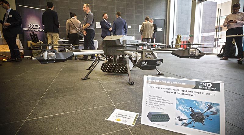 A Tempest Fire Support Drone on display at the Australian Army Innovation Day 2017, at ADFA. Photo by Corporal Sebastian Beurich.