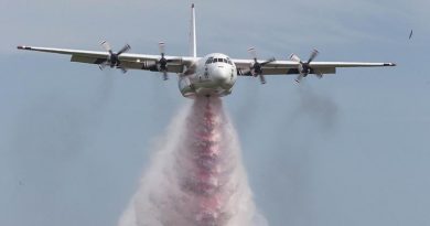 "Thor", a L-382G Hercules firefighting aircraft contracted to the NSW Rural Fire Service from Coulsan, performing a water bombing display. Photo by Corporal David Gibbs.