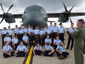 Wing Commander Jarrod Pendlebury, CO 35 Squadron, briefs cadets from 36 Squadron before showing through a C-27J Spartan.