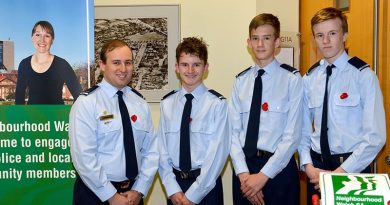 Flying Officer (AAFC) Simon Blair, Commanding Officer of No 605 (City of Onkaparinga) Squadron with Cadets Darcy Needle, Ethan O’Connor and Joshua Duncan. Photo ourtesy of SA Police.