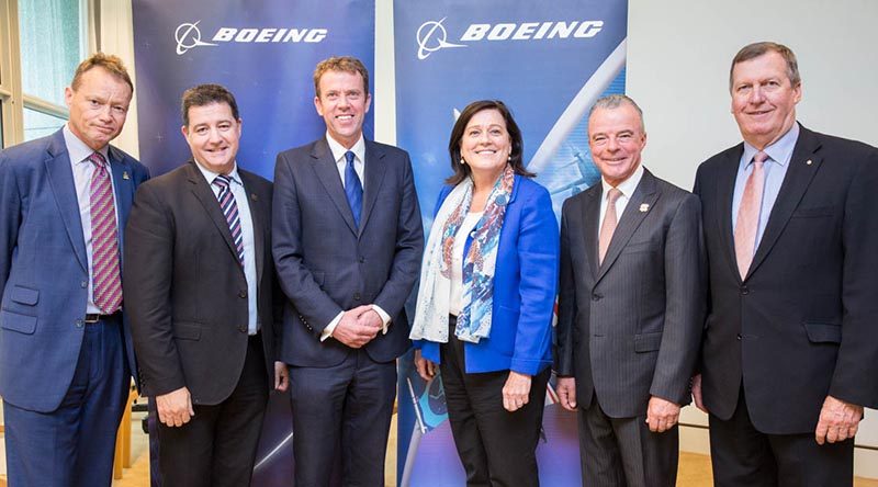 Patrick Kidd, CEO, Invictus Games; James Baker, Boeing Australia –Veterans Champion; Dan Tehan, Minister of Veterans Affairs; Maureen Dougherty, President, Boeing Australia, NZ & South Pacific; Brendan Nelson, AWM; Lieutenant General Peter Leahy (retd) representing Soldier On, and Chair of Invictus. Photo supplied by Boeing.