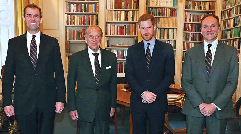 Pictured left to right at Buckingham Palace: Major General Robert Magowan (outgoing Commandant General Royal Marines), His Royal Highness The Duke of Edinburgh (outgoing Captain General Royal Marines), His Royal Highness Prince Harry (incoming Captain General Royal Marines) and Major General Charles Stickland (incoming Commandant General Royal Marines). Official photo.