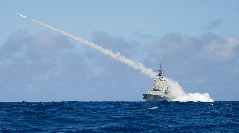 Air Warfare Destroyer HMAS Hobart successfully fires a Harpoon Blast Test Vehicle in the East Australian Exercise Area, proving the capability of the ship to launch Harpoon missiles. Photo by Leading Seaman Peter Thompson.