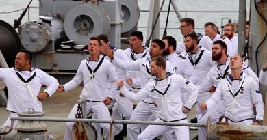 Ship's company of HMNZS Endeavour perform a Haka after the ship's final return to port. Photo by Mike Millett, AirflowNZ.