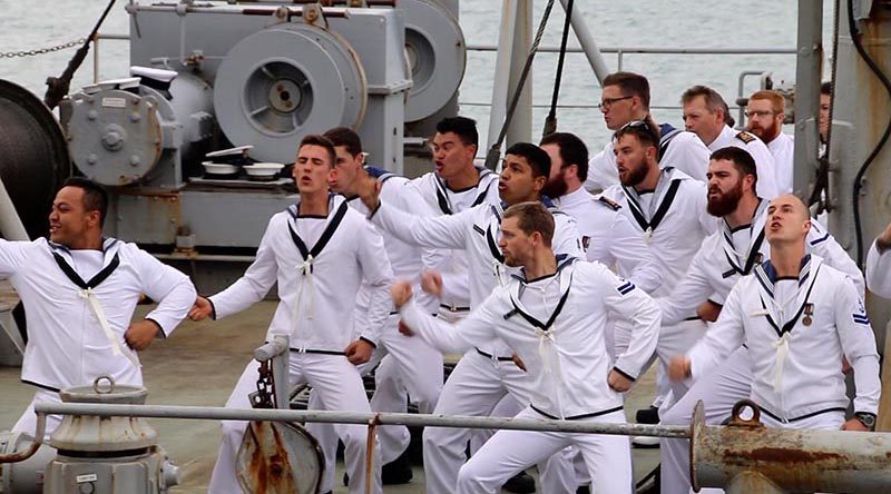Ship's company of HMNZS Endeavour perform a Haka after the ship's final return to port. Photo by Mike Millett, AirflowNZ.