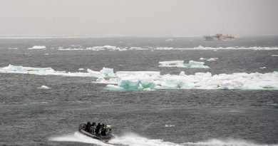 A boarding party from HMNZS Otago approaches a foreign fishing vessel to conduct an inspection as part of Operation Castle, in the Ross Sea. NZDF photo.