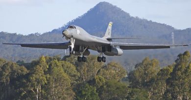 A United States Air Force B-1B Lancer lands at RAAF Base Amberley during Exercise Lightning Focus. Photo by Leading Aircraftman Jesse Kane.