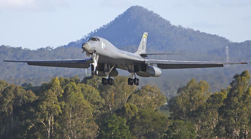 A United States Air Force B-1B Lancer lands at RAAF Base Amberley during Exercise Lightning Focus. Photo by Leading Aircraftman Jesse Kane.