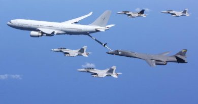 A RAAF KC-30A Multi-role Tanker Transport from RAAF Base Amberley provided refuelling operations for a USAF B-1B Lancer while RAAF F/A-18F Super Hornets and E/A-18G Growlers await their turn during Exercise Lightning Focus.