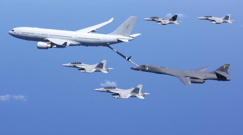 A RAAF KC-30A Multi-role Tanker Transport from RAAF Base Amberley provided refuelling operations for a USAF B-1B Lancer while RAAF F/A-18F Super Hornets and E/A-18G Growlers await their turn during Exercise Lightning Focus.