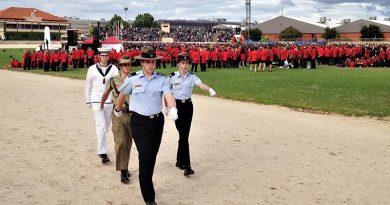 The tri-Service ADFC party departs the stadium after raising the flags to mark the commencement of the 10th Pacific School Games (front to rear): Leading Cadet Lachlan Jenkins (No 604 Squadron, AAFC), Cadet Under Officer Aaron Louch (43 Army Cadet Unit, Warradale Barracks) and Petty Officer Alex White (TS Noarlunga, ANC). The Flag Party Commander was Cadet Corporal Benjamin Grillett (No 617 Squadron, AAFC). Photo by FLGOFF (AAFC) Paul Rosenzweig, HQ 6WG