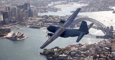 A RAAF C-27J Spartan flies over Sydney to celebrate 75 years of No 35 Squadron. Photo by Corporal Craig Barrett.