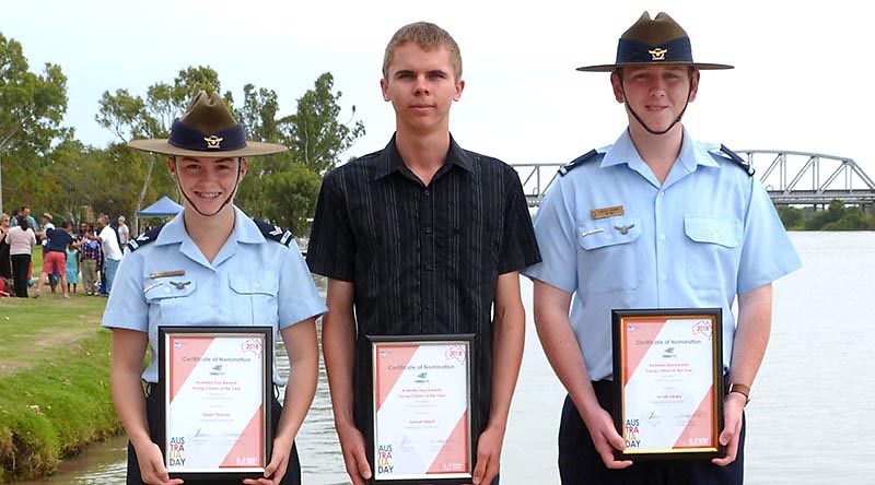 2018 Young Citizen of the Year nominees for the Rural City of Murray Bridge, Cadet Corporal Tegan Thomas, former Cadet Under Officer Samuel Mach and Leading Cadet Jacob Lavery. Not present: Cadet Warrant Officer Walter Harris.