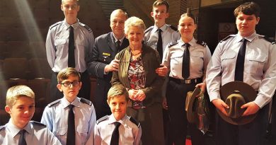 Cadets of No 605 Squadron AAFC with the Mayor of Onkaparinga Lorraine Rosenburg at a citizenship ceremony last year (left to right): CDT Dylan Appleton, CDT Jaime Kermeen, CDT Tristan Hahn, LCDT Zachary Rogers (standing), FLTLT(AAFC) James Roncoli, Mayor Rosenburg, CDT Ethan O'Connor, CCPL Tanielle Edwards and CDT Ethan Bray.