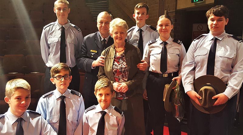 Cadets of No 605 Squadron AAFC with the Mayor of Onkaparinga Lorraine Rosenburg at a citizenship ceremony last year (left to right): CDT Dylan Appleton, CDT Jaime Kermeen, CDT Tristan Hahn, LCDT Zachary Rogers (standing), FLTLT(AAFC) James Roncoli, Mayor Rosenburg, CDT Ethan O'Connor, CCPL Tanielle Edwards and CDT Ethan Bray.