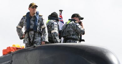 Commanding Officer HMAS Farncomb Commander Barry Carmichael oversees the submarine's departure from Fleet Base East, Sydney, on 17 January for a training evolution. The Collins-class submarine  is currently attached to Fleet Base East as part of the Submarine Squadron's commitment to keeping a presence on the east coast. As well as maintaining relations with the surface fleet based at Fleet Base East, HMAS Farncomb will also conduct a maintenance period before departing later this year. Photo by Able Seaman Kieran Dempsey.