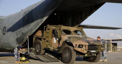 A Hawkei Protected Mobility Vehicle – Light, utility variant, is loaded into a Royal Australian Air Force C-130 Hercules at Australia’s main base in the Middle East Region. Photo by Corporal Max Bree.