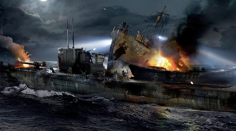 A computer-generated image showing HMNZS Kiwi ramming Japanese submarine I-1 in Guadalcanal on 29 January, 1943. CREDIT: Watertight Productions.