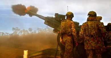 Soldiers from Townsville-based 4th Regiment Artillery fire an M777 155mm Howitzer in High Range Training Area. Photo by Brian Hartigan.