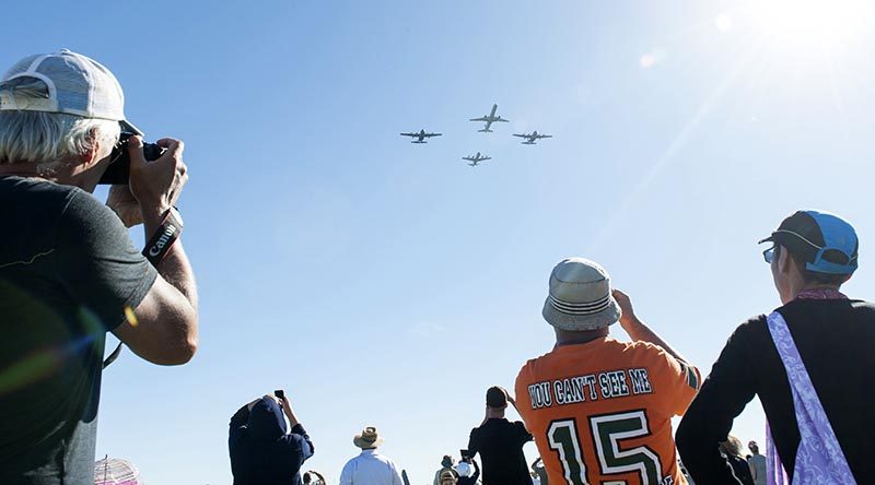 An RNZAF 'thunder formation' of two C-130 Hercules, a Boeing 757 and a P-3 Orion. NZDF photo.