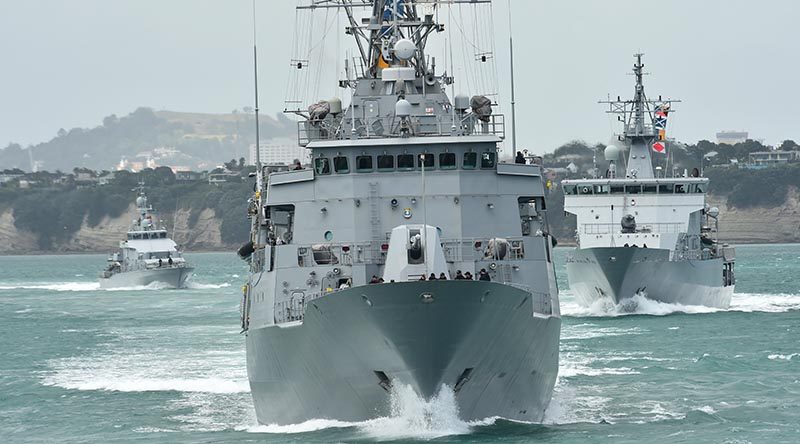 Naval ships depart Devonport Naval Base for the Hauraki Gulf during Fleet Shakedown Week. NZDF file photo.