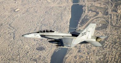 A Royal Australian Air Force F/A-18F Super Hornet flies over Mosul, Iraq, during an Operation Okra mission. Photo by Flight Lieutenant Trent, 12 July 2017.