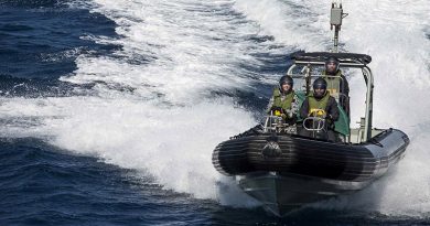 Able Seaman Combat Specialist Daniel Peihopa, RNZN drives one of HMAS Warramunga’s sea boats with Leading Seaman Combat Specialist Te Orangapumau Elia, RNZN (right) and Able Seaman Boatswains Mate Bridget Hopkins (left) during Warramunga's deployment to Operation Manitou. Photo by Leading Seaman Tom Gibson.