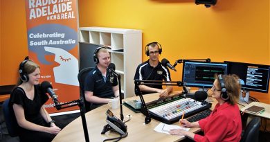 Jade, Josh and Kieran in the Radio Adelaide studio, with ‘Service Voices’ interviewer and executive producer Helen Meyer. Photo by Flying Officer (AAFC) Paul Rosenzweig