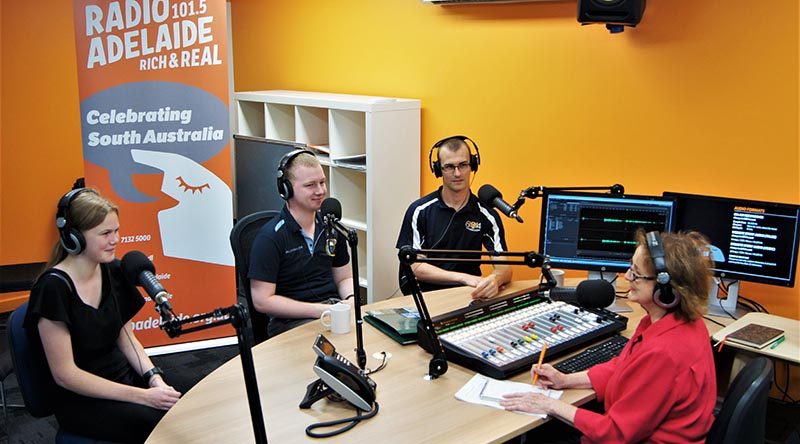 Jade, Josh and Kieran in the Radio Adelaide studio, with ‘Service Voices’ interviewer and executive producer Helen Meyer. Photo by Flying Officer (AAFC) Paul Rosenzweig