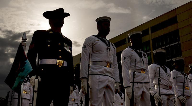 Australia's Federation Guard at Russell Offices Canberra, Stand at Ease before the arrivial of Admiral Haakon Bruun, Chief of Defence, Norway and the Chief of Defence Force, Air Chief Marshal Mark Binskin. Photo by Jay Cronan.